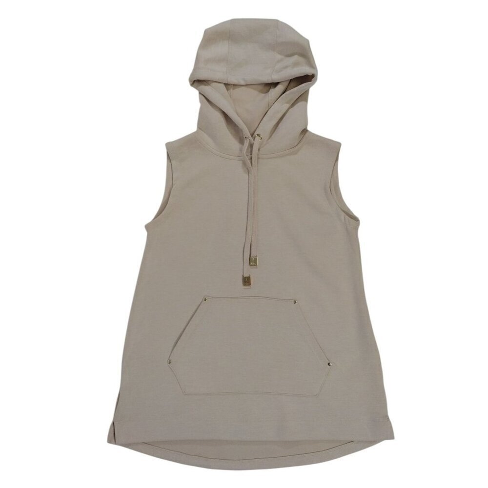 Elie Tahari Sleeveless Beige Hoodie Tunic W/ Front Pocket & Gold Accents XS.